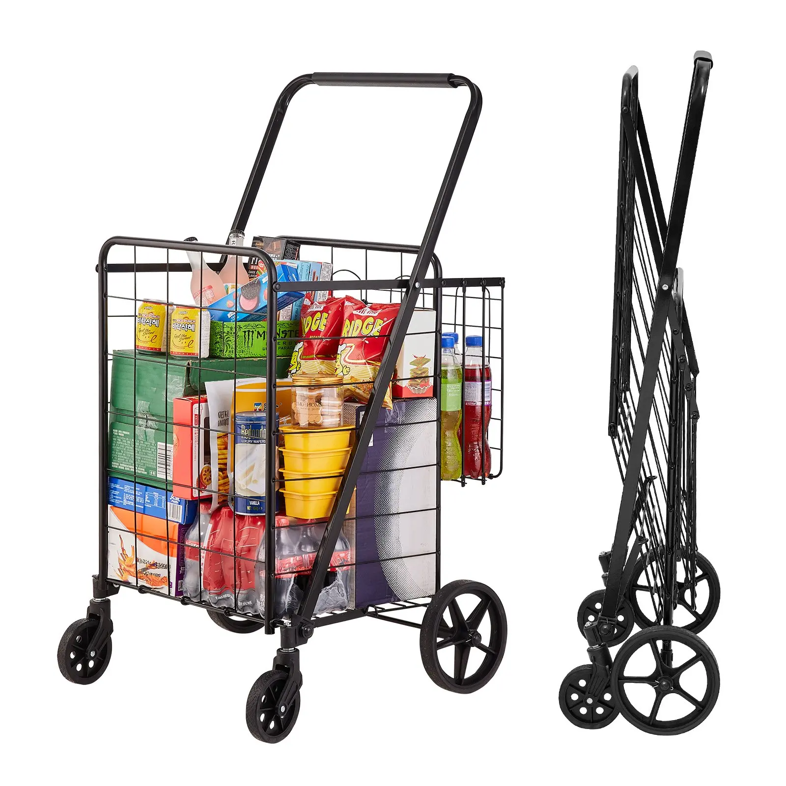 Folding Shopping Cart, Jumbo Grocery Cart with Double Baskets, 360 Swivel Wheels, Heavy Duty Utility Cart, 110 LBS Large Capacity Utility Cart for Laundry, Shopping, Grocery, Luggage