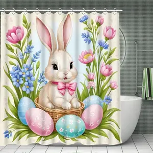 1/4pc Easter Bunny and Egg Pattern Shower Curtain Set, includes non-slip mat, U-shaped rug, and toilet seat cover. Perfect for bathroom decoration accessories, partitioning, and beautifying the space. Comes with 12/24 shower curtain hooks.