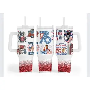 [40oz] Funny Patriotic Tumbler with Handle and Lid, Retro 4th of July Insulated Stainless Steel Travel Mug, Merica Independence Day Water Bottle with Straw, Red Glitter USA Gifts for Men and Women