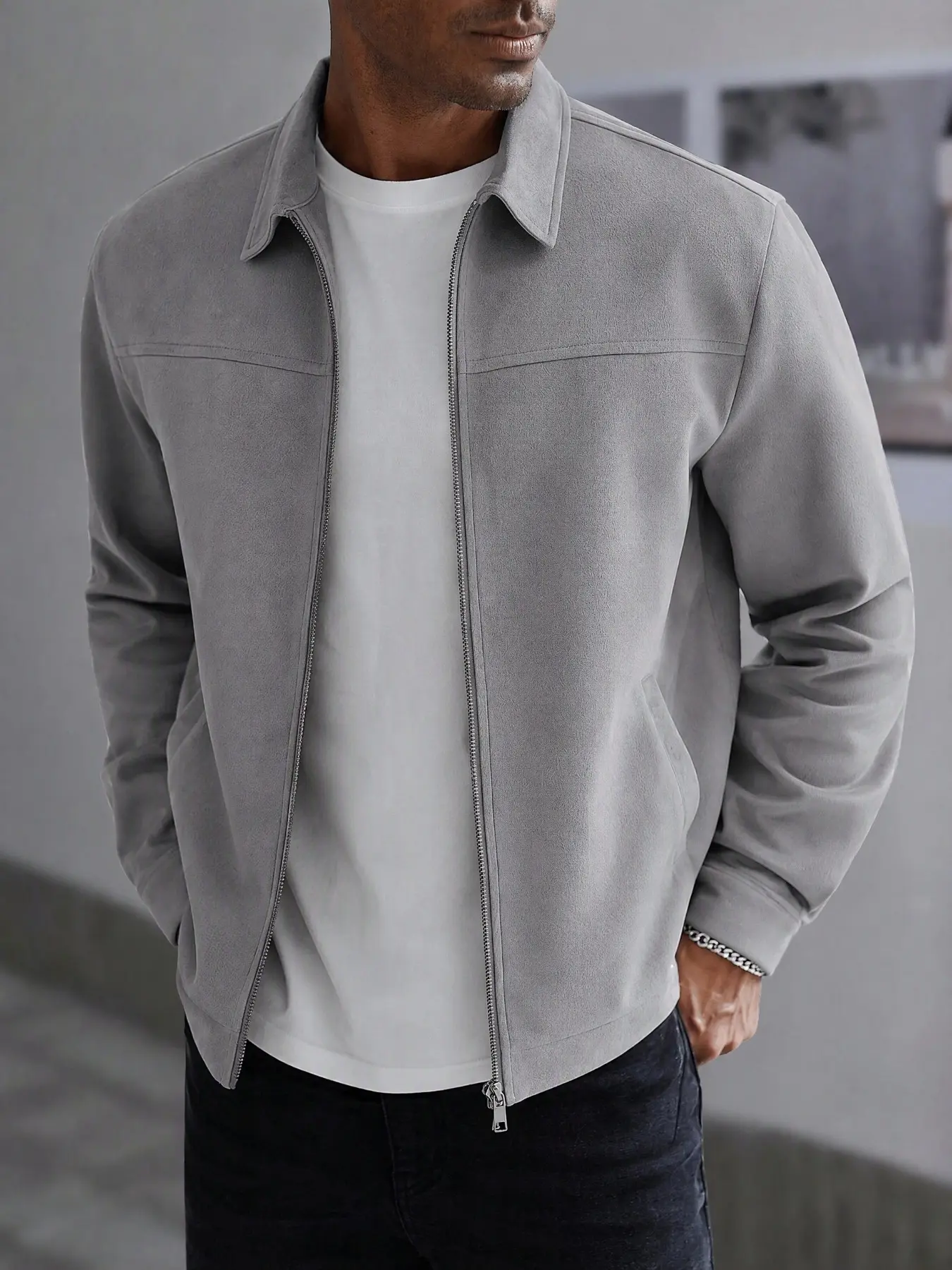 Men's Plain Lapel Full Zip Suede Jacket, Simple Commuter Casual Long Sleeve Coat, Fitted H-Type Design, Unlined Plain Surface