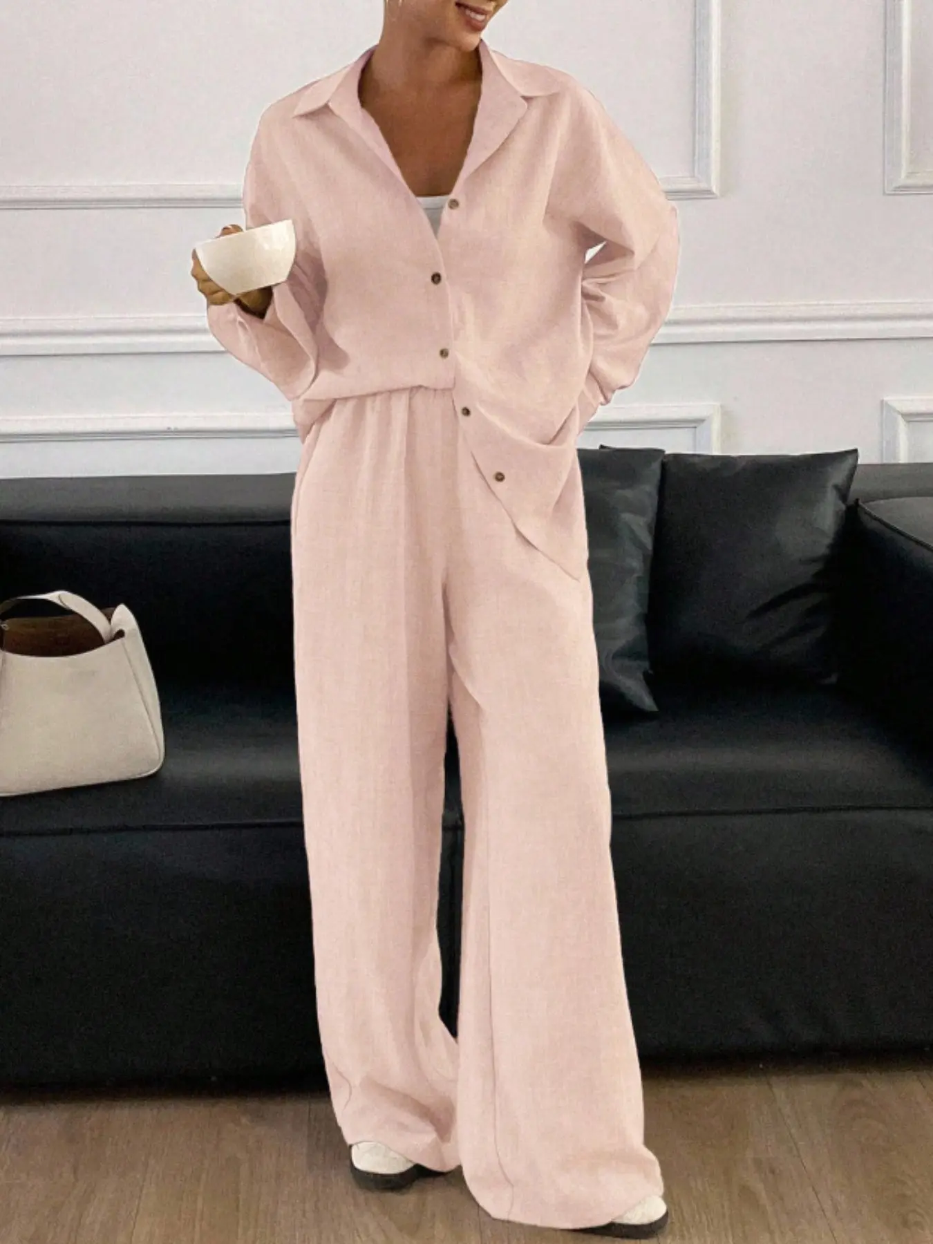 Women's Loose Baggy Long Sleeve Shirt and Wide Leg Pants Set, Solid Color, Lapel Single Button, Casual Spring & Fall