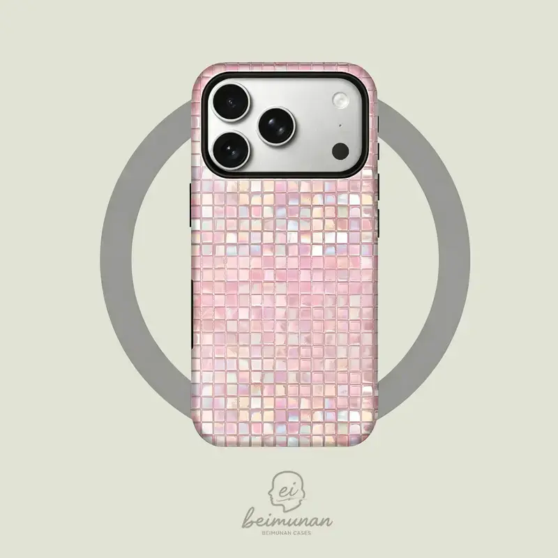 This durable 2-in-1 phone case features a cute, pink rainbow-colored mosaic tile pattern and is compatible with MagSafe. It works with iPhone 17/16/15/14/13/12/11 Pro Max/Plus/Pro/MINI and Samsung Galaxy S25/S24/S23/S22/S21.