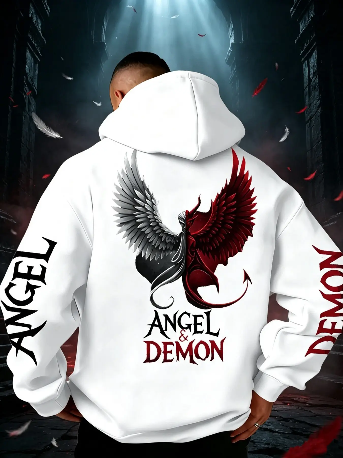 Men's Casual Loose Hooded Sweatshirt, Angel and Devil Wings Print, Gothic Style Fleece Men's Pullover, Versatile Fashion Top, Hoodie Tops