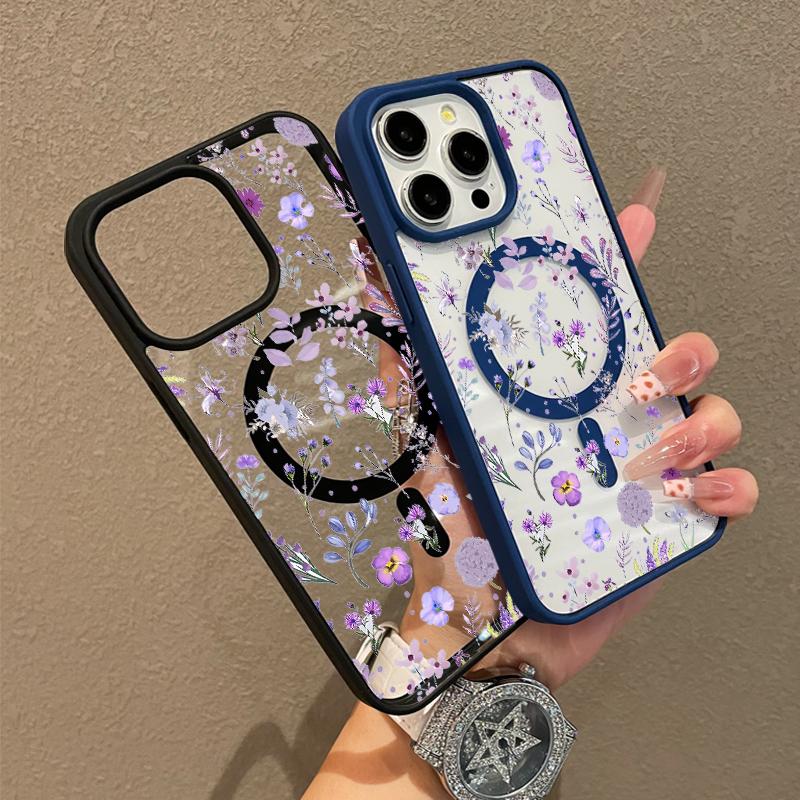 Magnetic Silicone Case for iPhone 17 16 15 14 13 12 11 Pro Max Plus XS XR Purple Floral Aesthetic Shockproof Lightweight Girly Scratch Resistant Protection