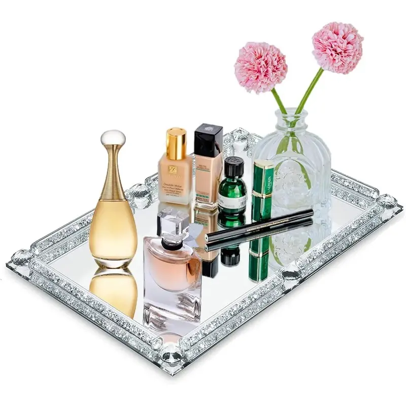 Mirror Crystal Perfume Tray,Crushed Diamond Filled Crystal Glass Tray,Cosmetic Makeup Vanity Tray,Jewelry Trinket Tray,Serving Tray for Home Decorative,Party,Hotel Banquet