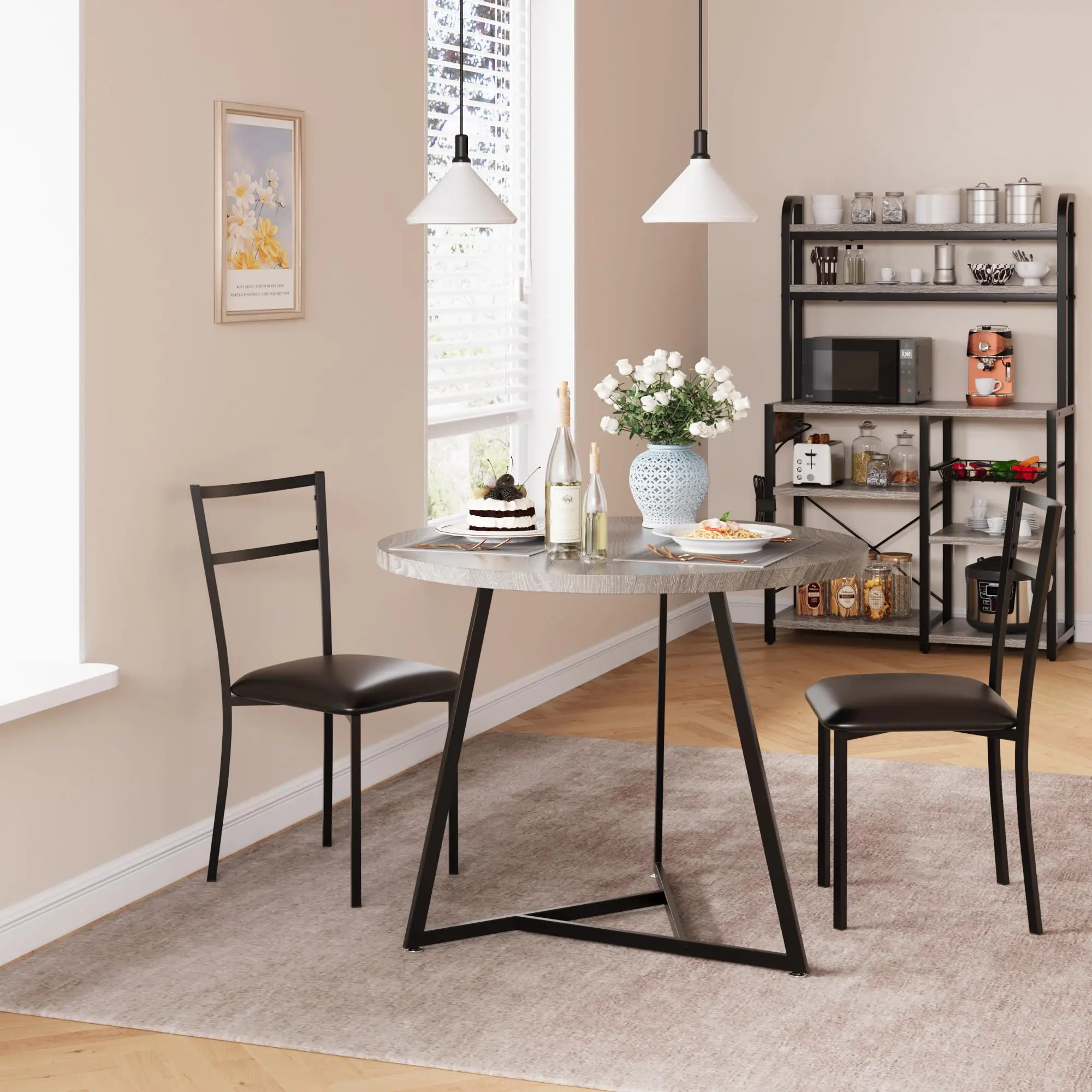 3-Piece Round Dining Set for 2, MDF Table and Chairs, Space-Saving Design, Available in Grey and Vintage Brown