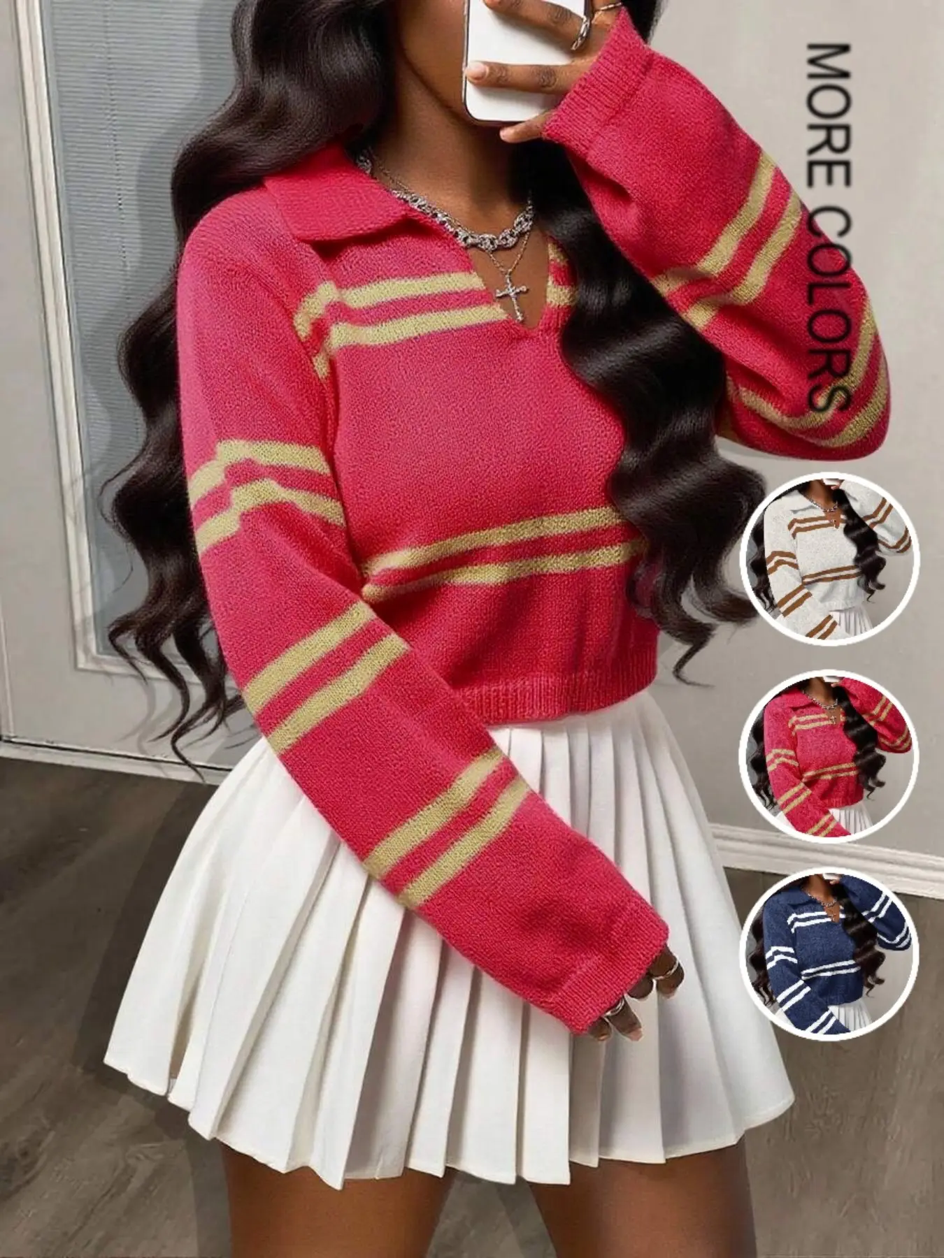 Striped Polo Neck Pullover Sweater for Women, Fall Winter New Arrival, Loose Fit Slimming Long Sleeve Top, Elegant Casual Fashion Knitwear