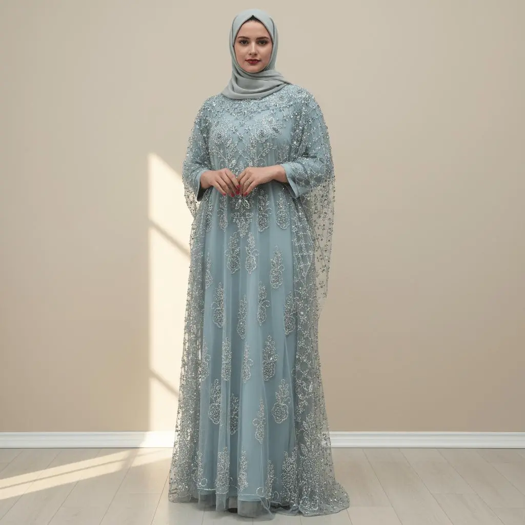 Elegant Abaya Dress Set with Hand-Embellished Tulle Cape & Modal Inner, 2-Piece Islamic Caftan Clothing for Eid, Weddings
