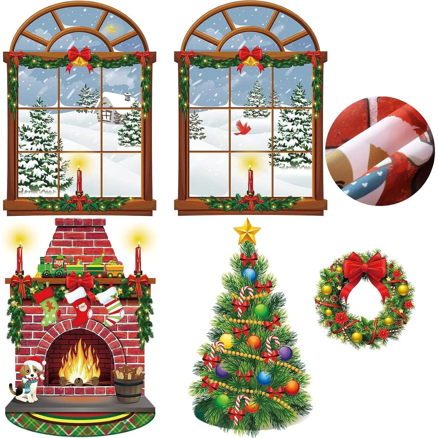 Christmas Wall Decor Fireplace Backdrop Decorations Photo Background Window Winter Christmas Tree Wreath Backdrop for  Halloween Birthday Party Decor (Cute)