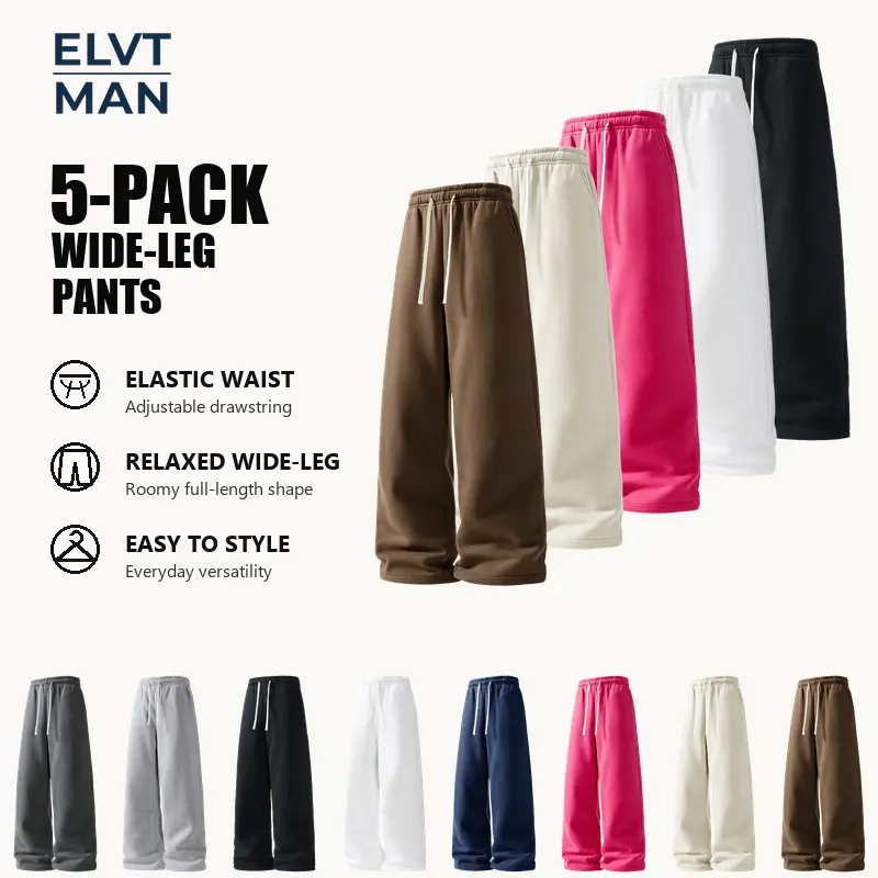 5-Pack Men's Relaxed Wide Leg Sweatpants Set, Assorted Solid Color Drawstring Elastic Waist Loose Fit Straight Leg Casual Lounge Pants with Side Pockets for Comfortable Weekends and Errands