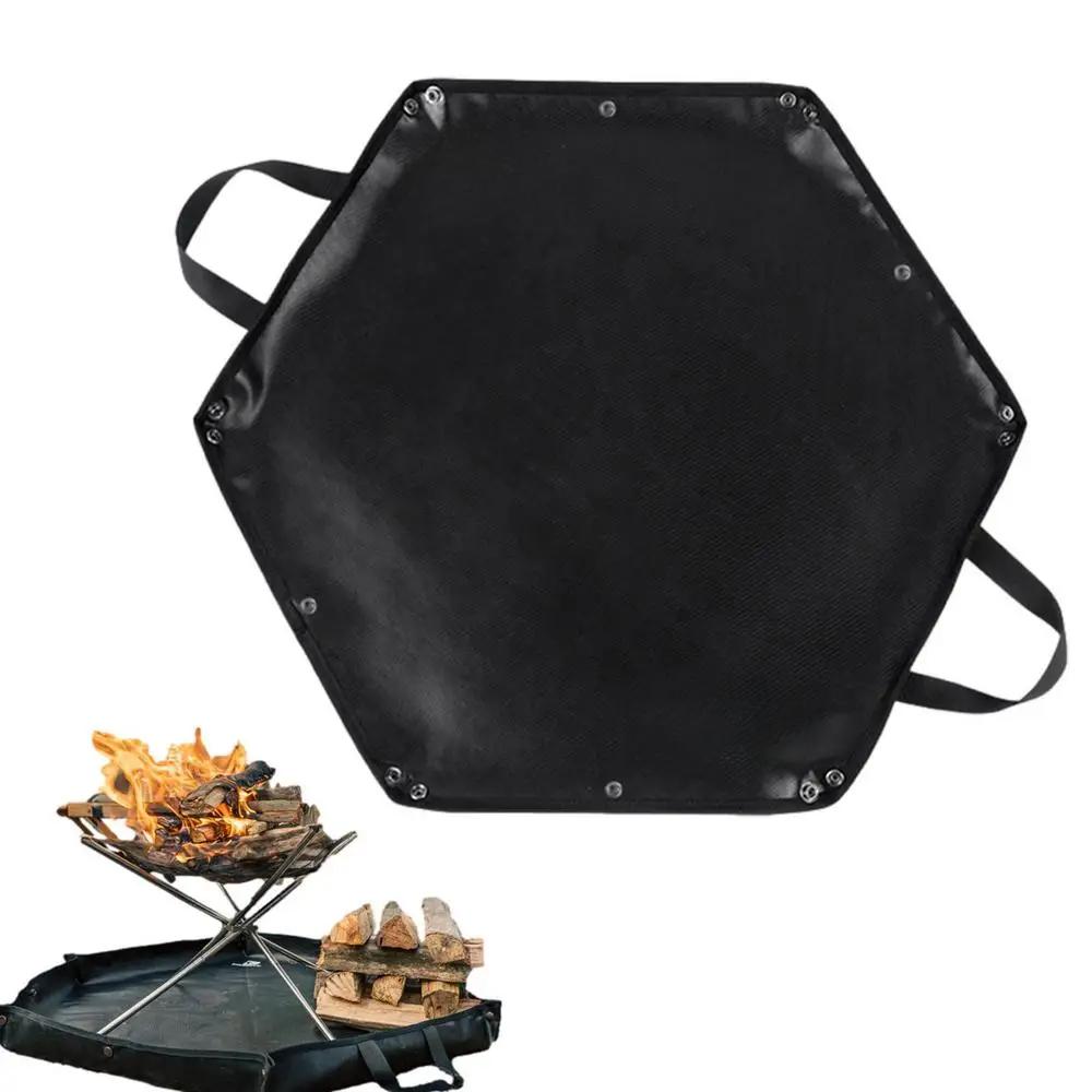 Fire Pit Fireproof Mat Hexagonal Foldable Firewood Bag Ember Mat Heat Resistant Fireproof Pad With Hanger Ear For Camping BBQ