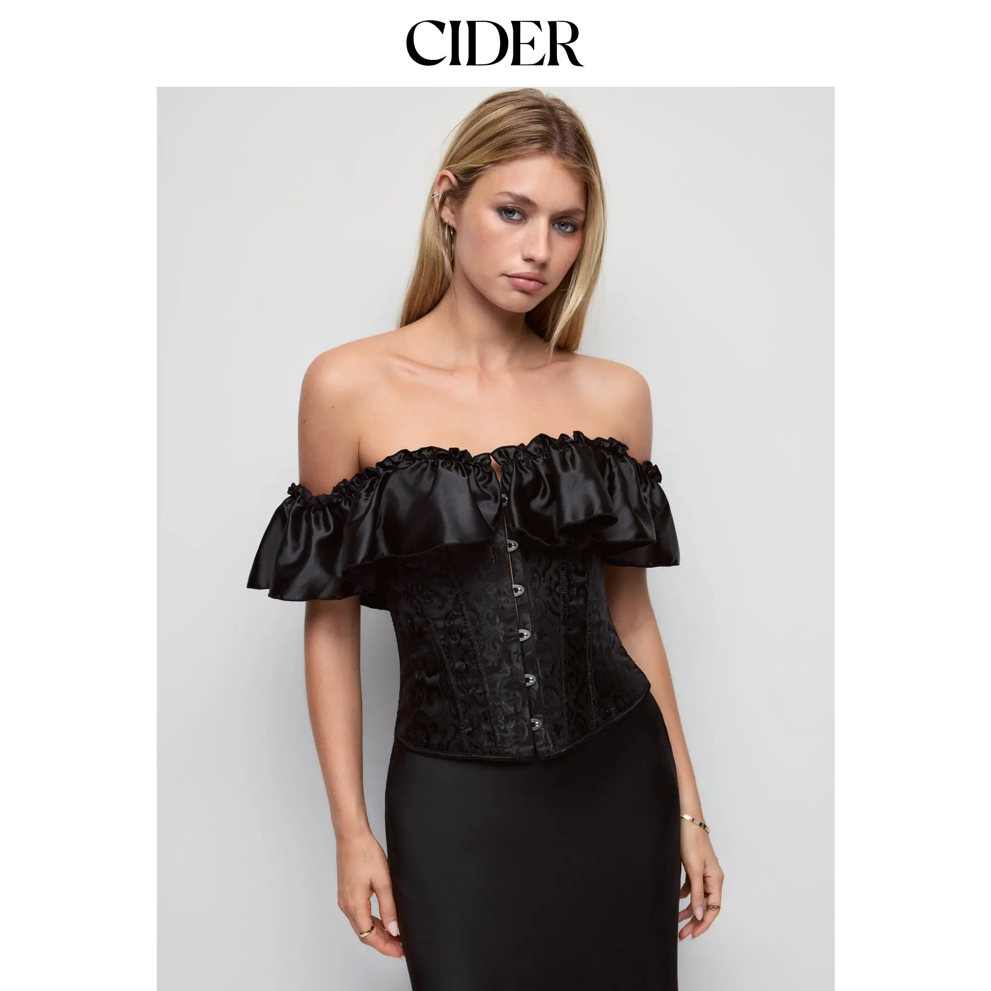 Cider Satin Jacquard Off-shoulder Ruffle Sleeve Corset Metal Detail Blouse