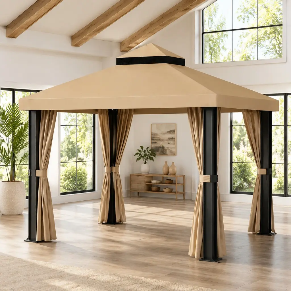 10x10 Ft Double-Tiered Polyester Outdoor Patio Gazebo Replacement Canopy with UV Protection, Water-Repellent, Fade Resistant, Drain Holes & Mosquito Netting, Roof Top Cover Only (Frame Not Included)