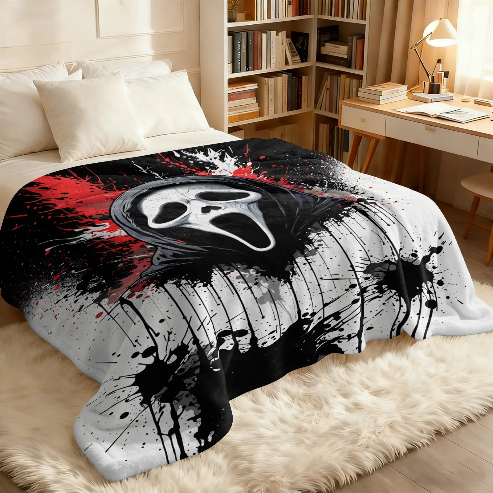 Scream Ghostface Red Black Splash Paint Horror Flannel Blanket, Oversized Multi-Functional Lightweight Air Conditioning Throw, Soft Fleece for Home Napping Travel Camping Outdoor, Scary Halloween Gift For Horror Movie Fans