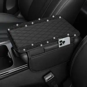 Quilted Leather Car Center Console Armrest Cushion with Rhinestones, Universal Height Boosting Armrest Pad with Storage Organizer, Luxury Diamond Pattern Bling Car Interior Accessory