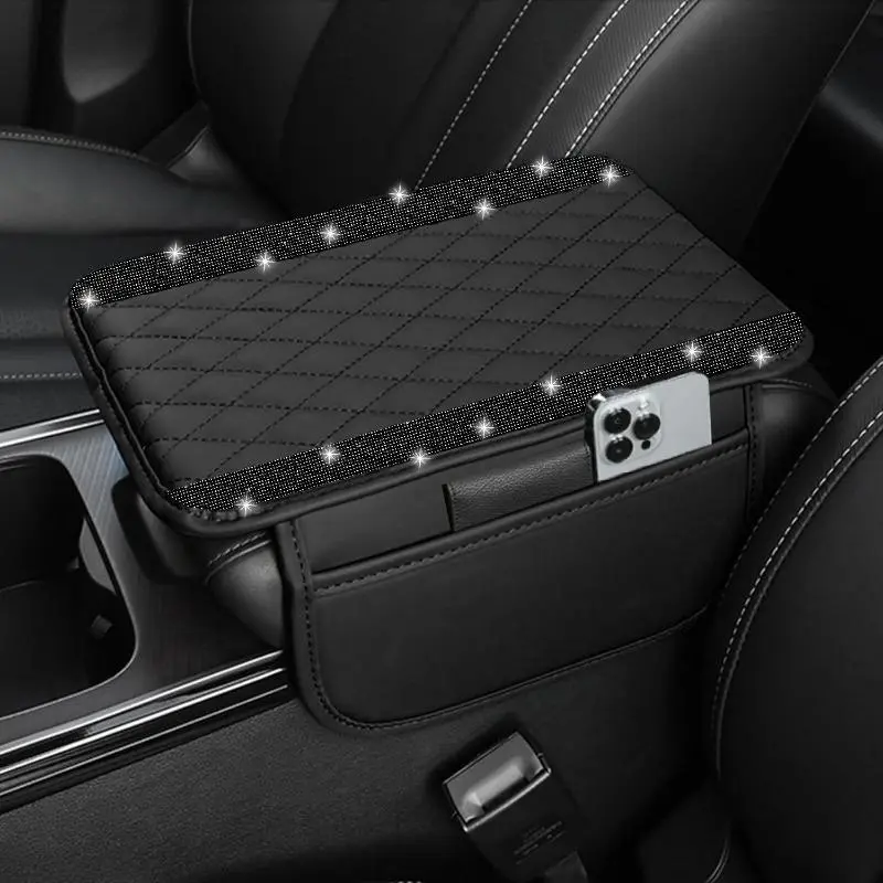 Quilted Leather Car Center Console Armrest Cushion with Rhinestones, Universal Height-Boosting Armrest Pad with Storage Organizer, Luxury Diamond-Pattern Bling Cars Interior Accessory