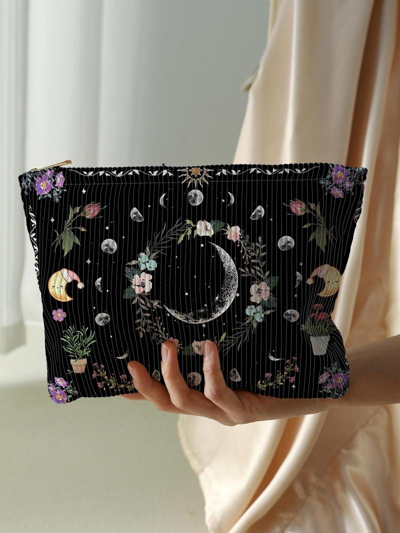 Floral & Moon Pattern Corduroy Makeup Bag, Large Capacity Zipper Cosmetic Storage Bag, Lightweight Multi-functional Toiletry Bag for Women & Girls, Travel Cosmetic Bags, Travel Essentials