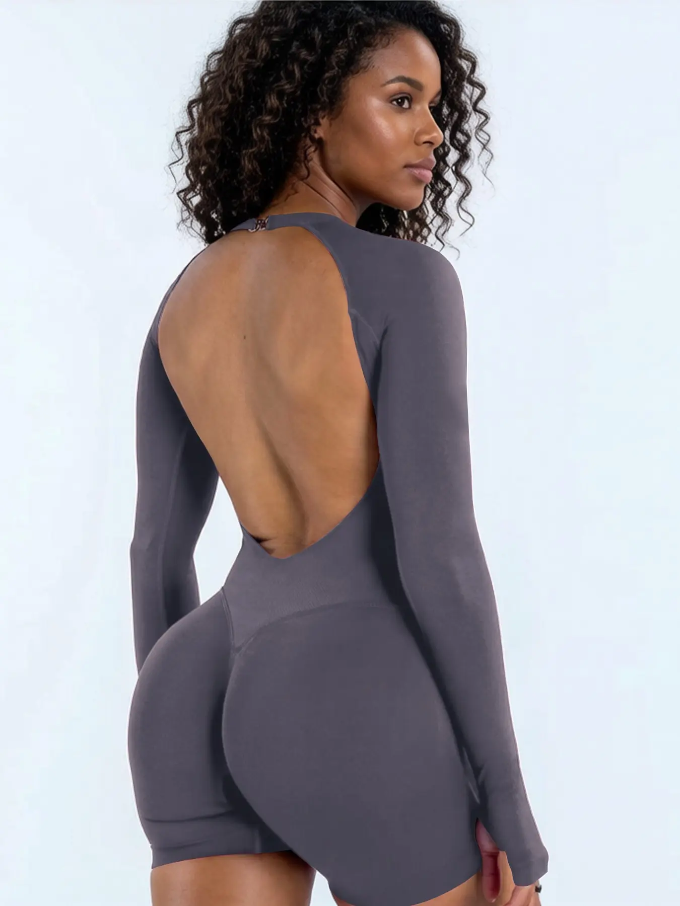 Women's Backless Halter Long Sleeve Bodysuit with Shorts, Stretchy Sports Outfit, Hand-Covering Sleeves, Seamless & Sexy Sports Bodysuit, Quick-Dry, Breathable & Cool — Perfect for Gym, Running, Yoga, Dance