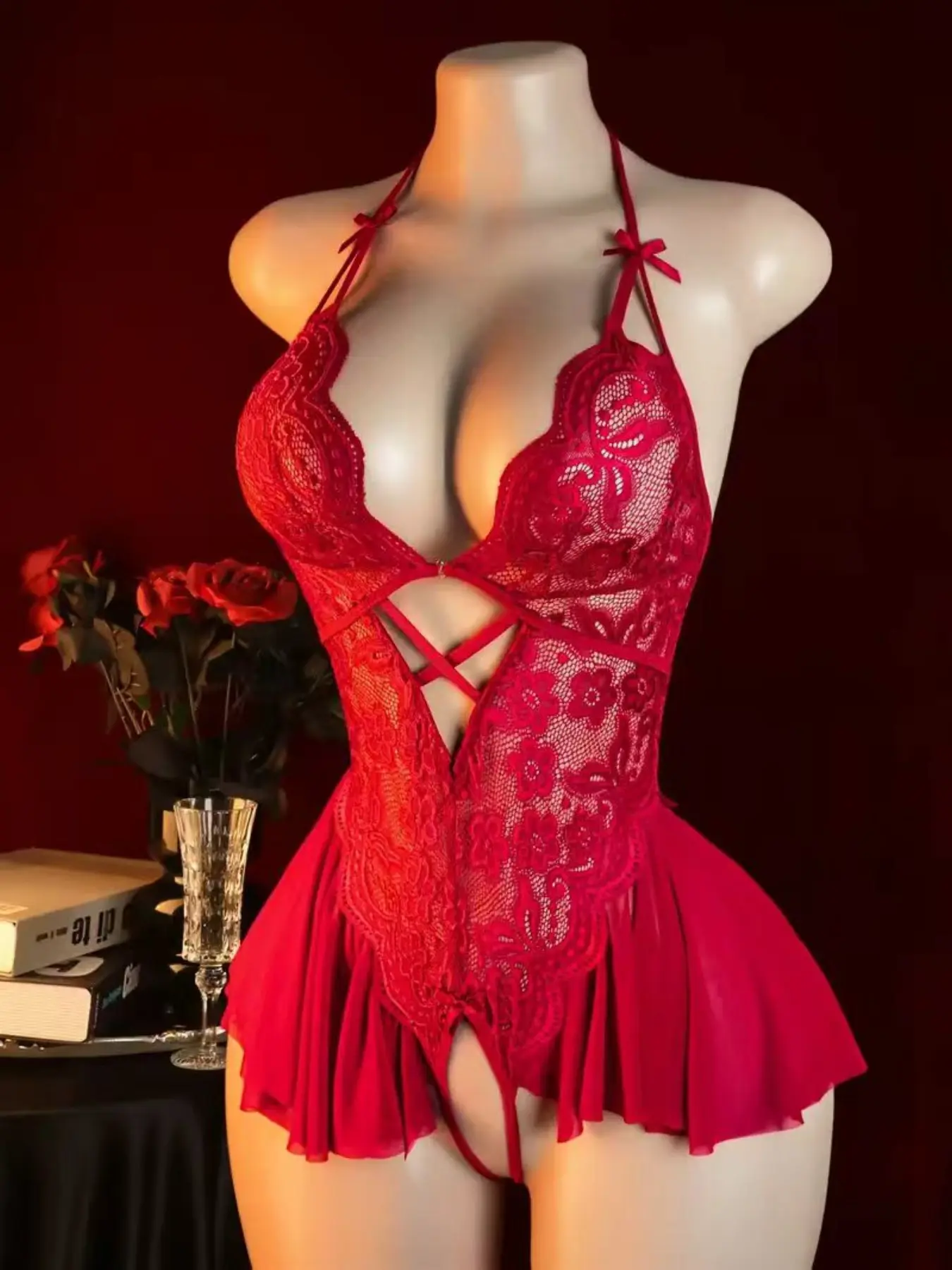 Women's Sexy One-Piece Lingerie, Hot Lace Bodysuit, Deep V Neck Hollow Out Lace Ruffle Mesh Open Crotch Fantasy Underwear, Elegant and Sensual Design