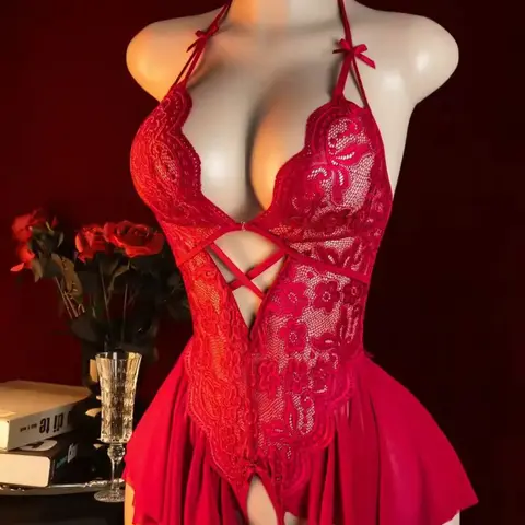 Women's Sexy One-Piece, Deep V-Neck Hollow-Out Lace Ruffle Mesh Open Crotch Fantasy Underwear Valentines Lingerie, Elegant and Sensual Design