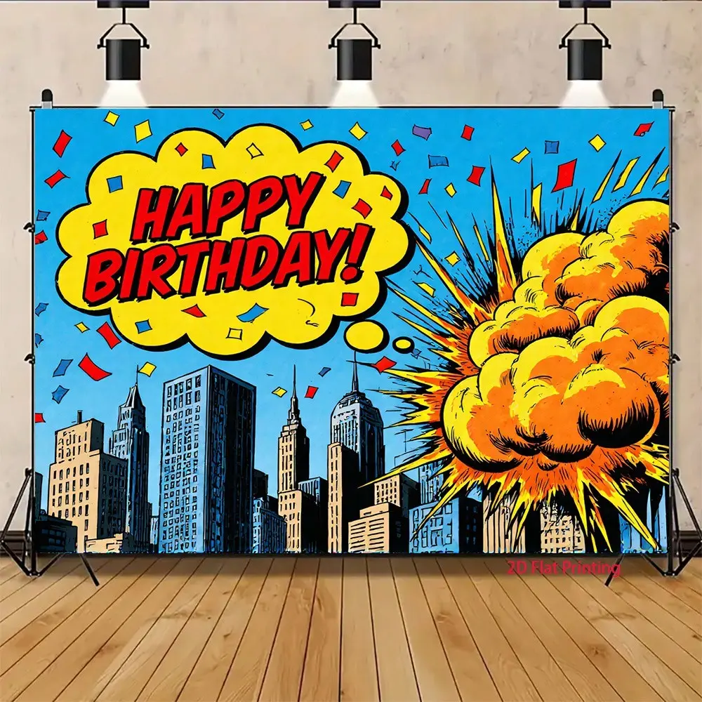 Vintage Comic Style Birthday Banner, Superhero Theme Party Decoration, Indoor Outdoor Wall Decor, Polyester Material, Happy Birthday Print, Backdrops