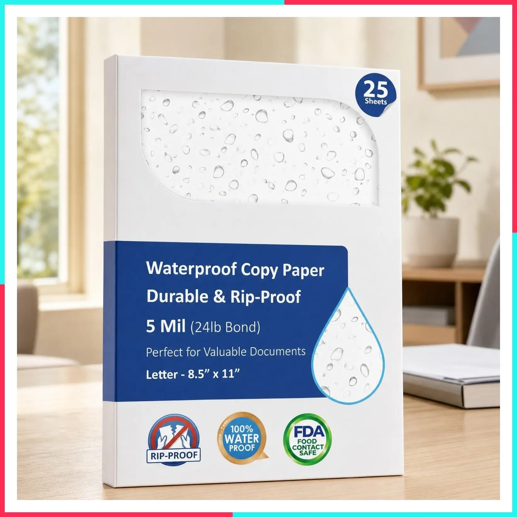 Premium Waterproof Paper, 5 Mil 8.5" x 11", Laser Printer & Copy Machine Compatible, Durable & Weatherproof Copy Paper, White (25 Sheets)