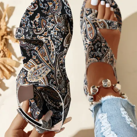 Women's Bohemian Floral Open Toe Sandals, Comfortable Flat Beach Footwear, Stylish Summer Shoes for Women, Ditsy Floral Sandals