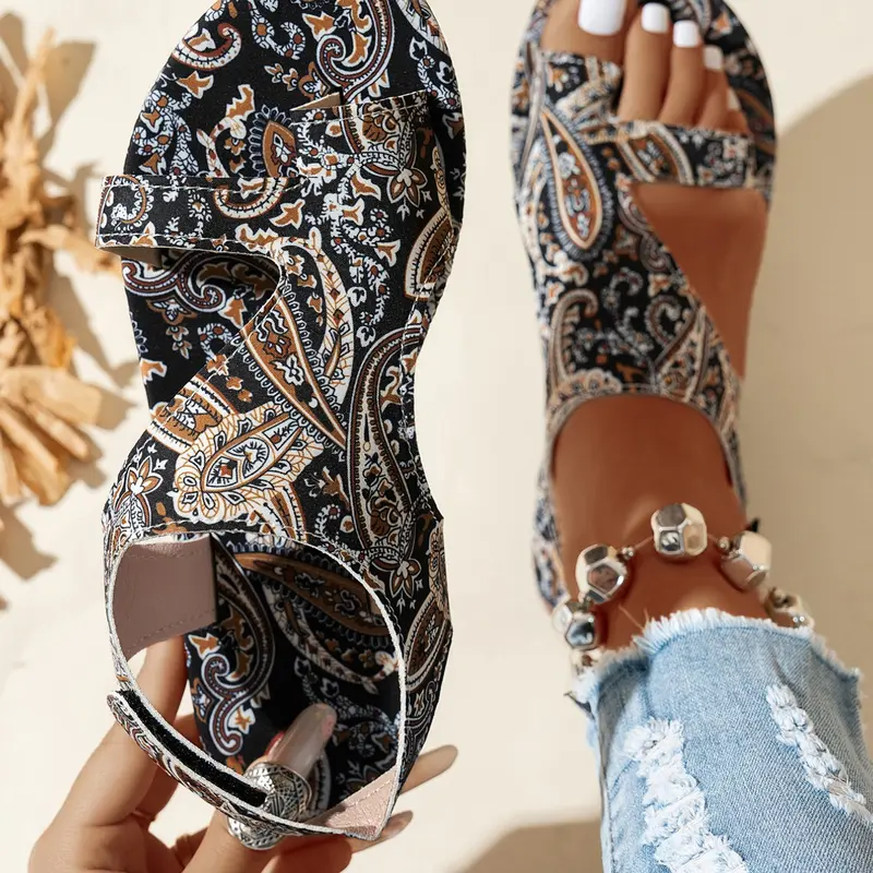 Women's Bohemian Floral Open Toe Sandals, Comfortable Flat Beach Footwear, Stylish Summer Shoes for Women, Ditsy Floral Sandals