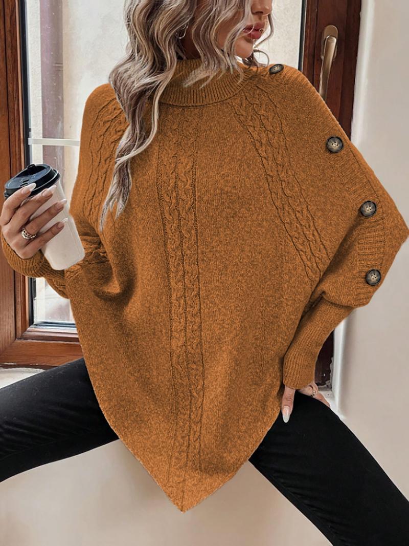 Women's Plain Fake Buttons Batwing Sleeve Sweater, Casual Long Sleeve High Neck Jumper for Fall & Winter, Fashion Ladies' Knitwear for Daily Wear
