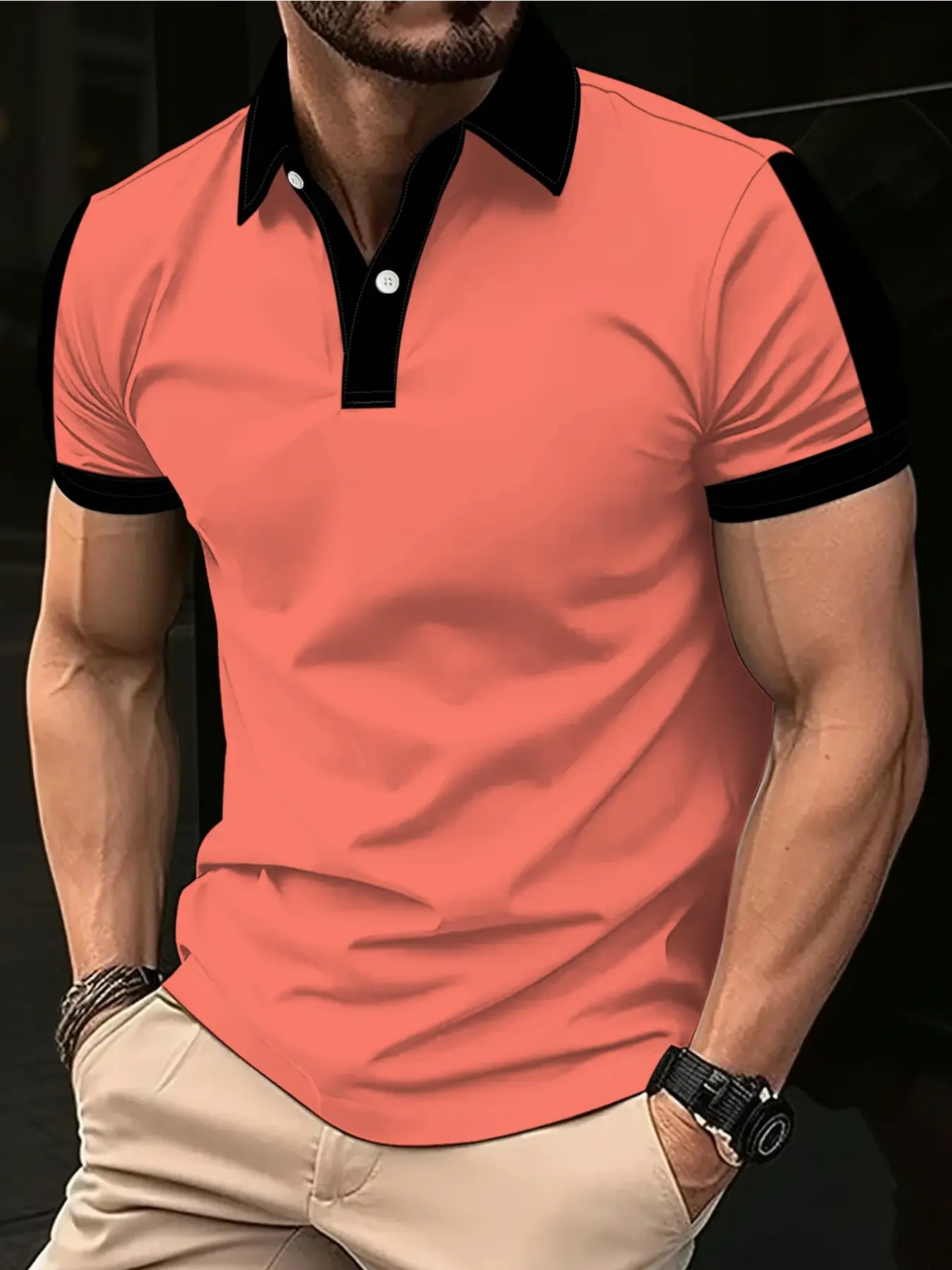 Coral orange and black trim + lake blue and black trim + color-block men's short-sleeved polo shirt. The lightweight and breathable fabric is suitable for daily commuting. Machine washable collarless short-sleeved top.
