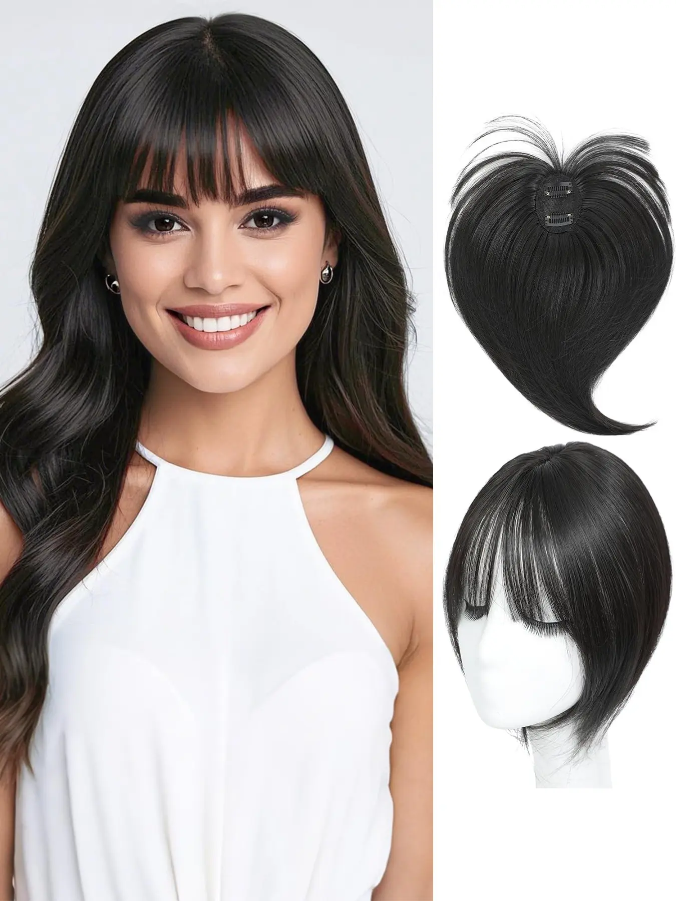 Hair Topper Clip in Bangs, Synthetic Hair Topper, 360° 3D Cover Hair Toppers for Women, 10 Inch Straight Hairs Pieces, Daily Wear for Thinning Hairs