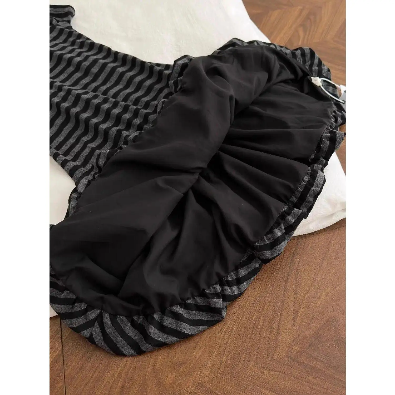 Three-dimensional Ear Short Black Gray Striped Dress Elastic New Style Slightly Spicy Y2k Waist Slimming Fluffy Dresses