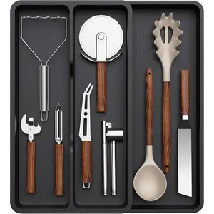 Utensil Organizer for Kitchen Drawer, Expandable Cooking Silverware Tray, Adjustable Cutlery Flatware Holder, Plastic Spatula Tools Storage Divider, 14.4 x 15.8", Black