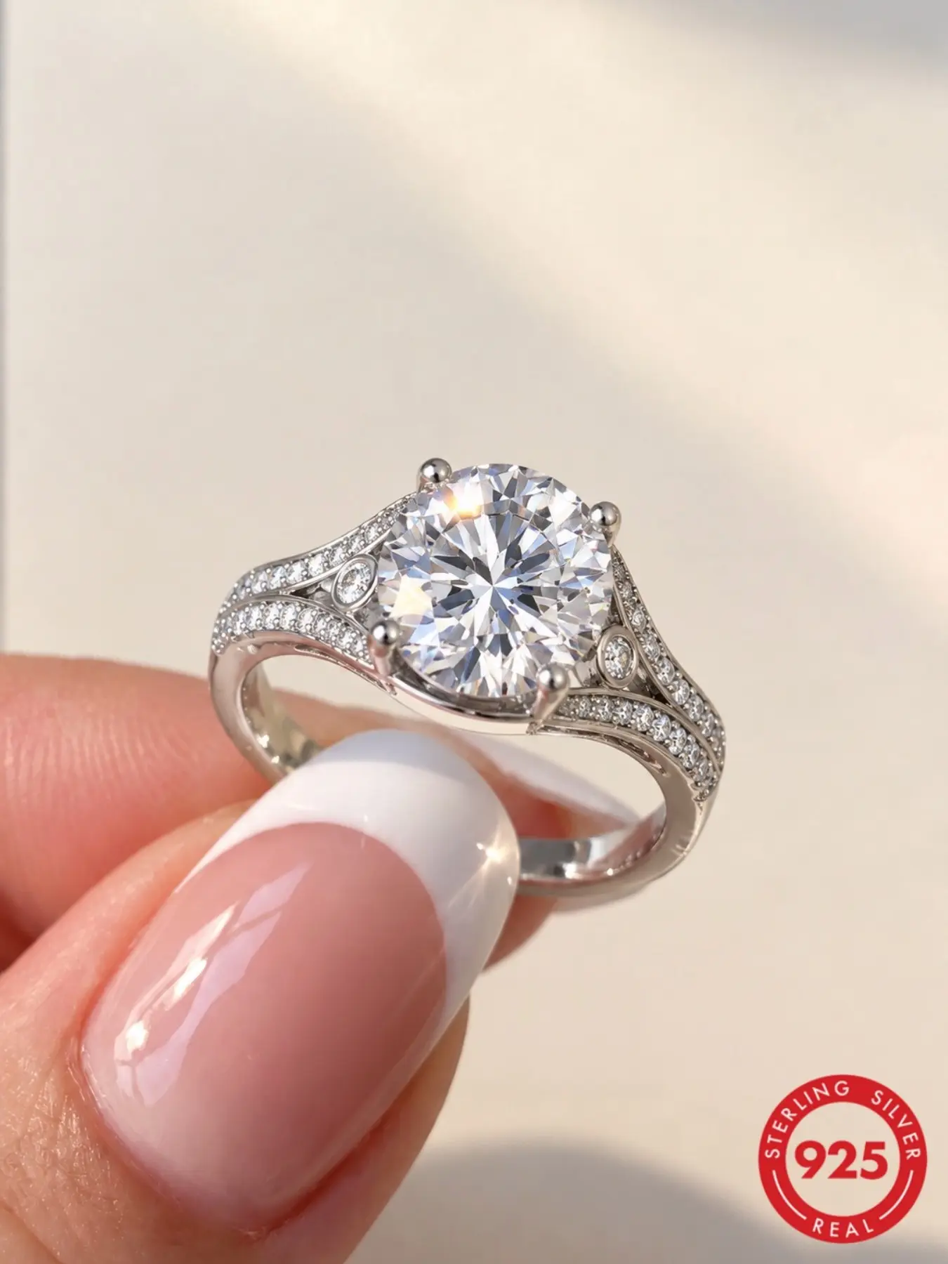 Women's S925 Silver Twist Arm Large Round Zircon Ring, Elegant Minimalist Design, Perfect for All Seasons, Ideal Gift for Special Occasions