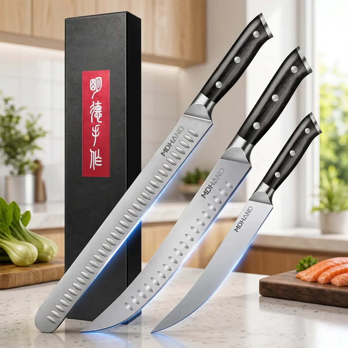 3pcs Hand-Forged Steel Knives Kitchen Set - BBQ Carving Knives for Meat Cutting, Ergonomic Handle, Father's Day Gift for Men