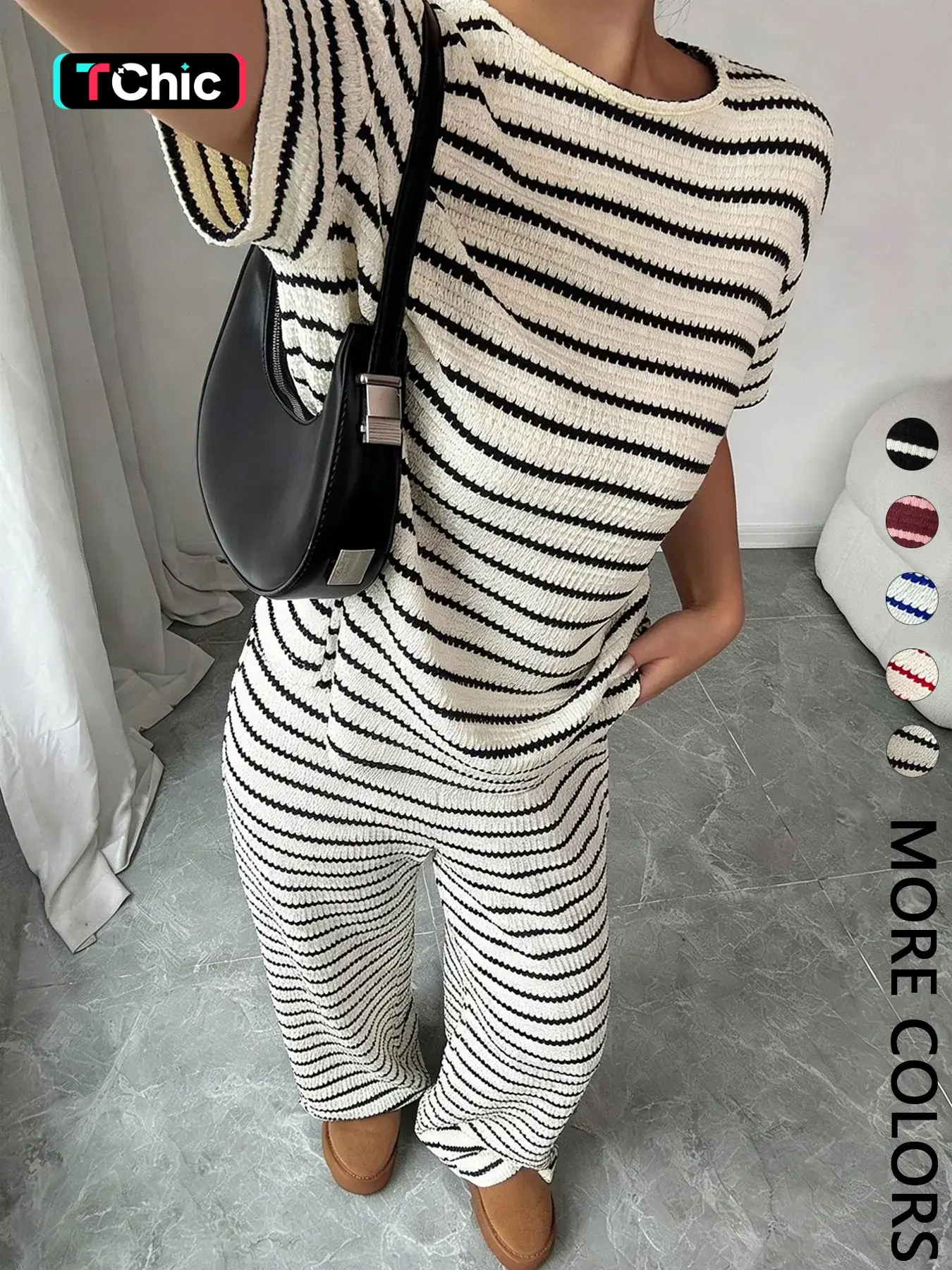 Women's Striped Short Sleeve Round Neck T-Shirt and Casual Long Pants Stripe Matching Set, Comfortable Home Wear, Essential Fashion Womenswear