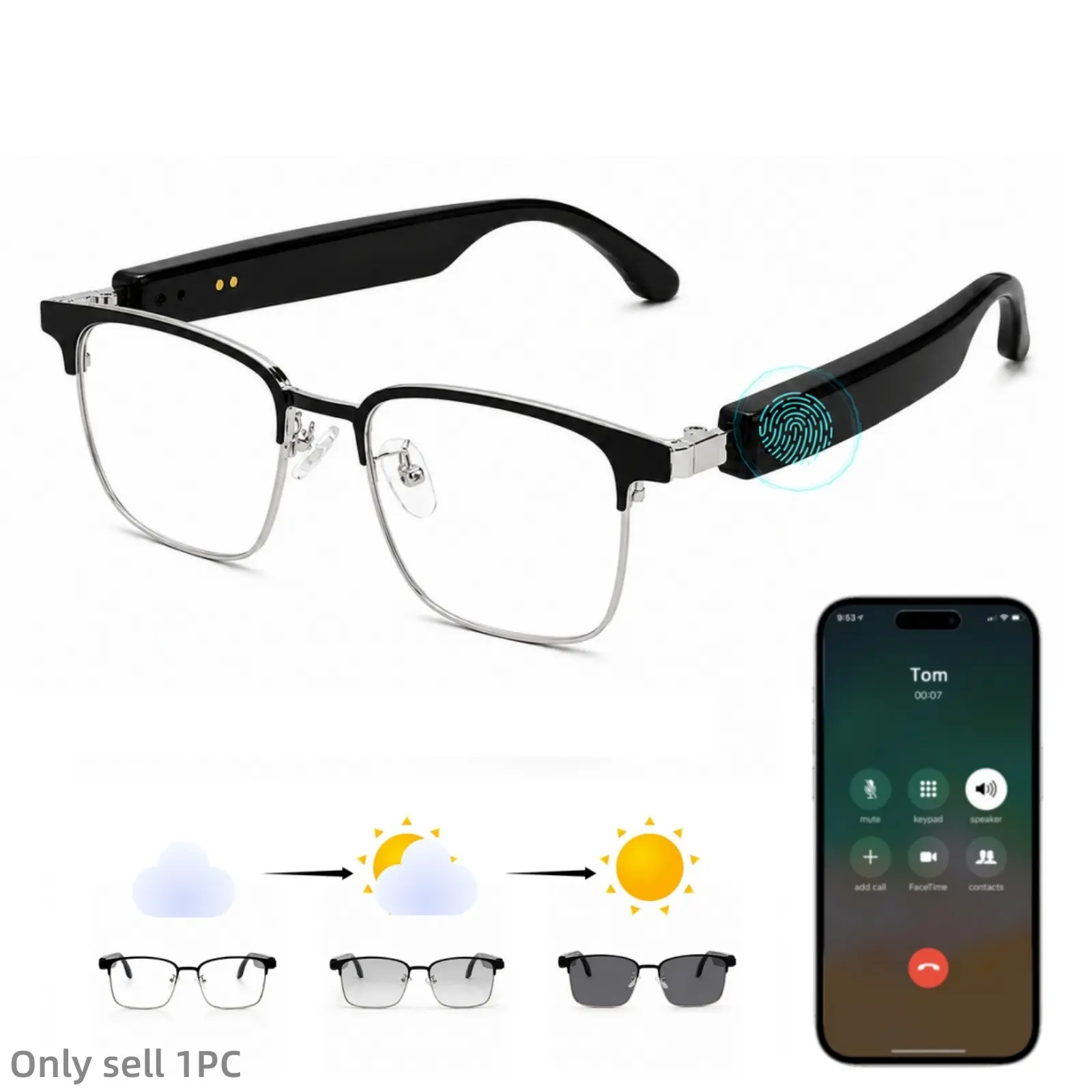 Photochromic Smart Glasses for Men Women, Bluetooth Audio Glasses with Open-Ear Sound, Built in Mic, Touch Control, Voice Assistant and UV400 Protection