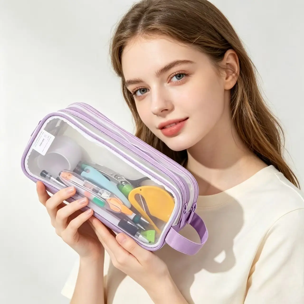 Durable Transparent Stationery Pouch - Zipper Design, Lightweight, Space-Saving, 2 Compartments, Multifunctional Home Organizer Storage Bag for High School & University Students, Reusable Grocery Bag