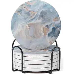 Set of 6 Abstract Blue Marble Coasters with Holder, Absorbent Ceramic Coasters for Drinks, Coasters with Cork Backing for Table Protection, Housewarming Gifts for New Home