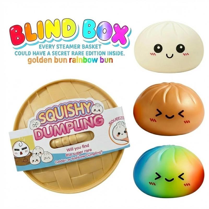 Surprise Blind Box Dumpling Squishy - Mysecret Bun Fidget Toy with Steamer, Collectible Kawaii Dough Ball (70% White, 20% Golden, 10% Rare Rainbow), Sensory Stress Relief Toy for Kids & Adults
