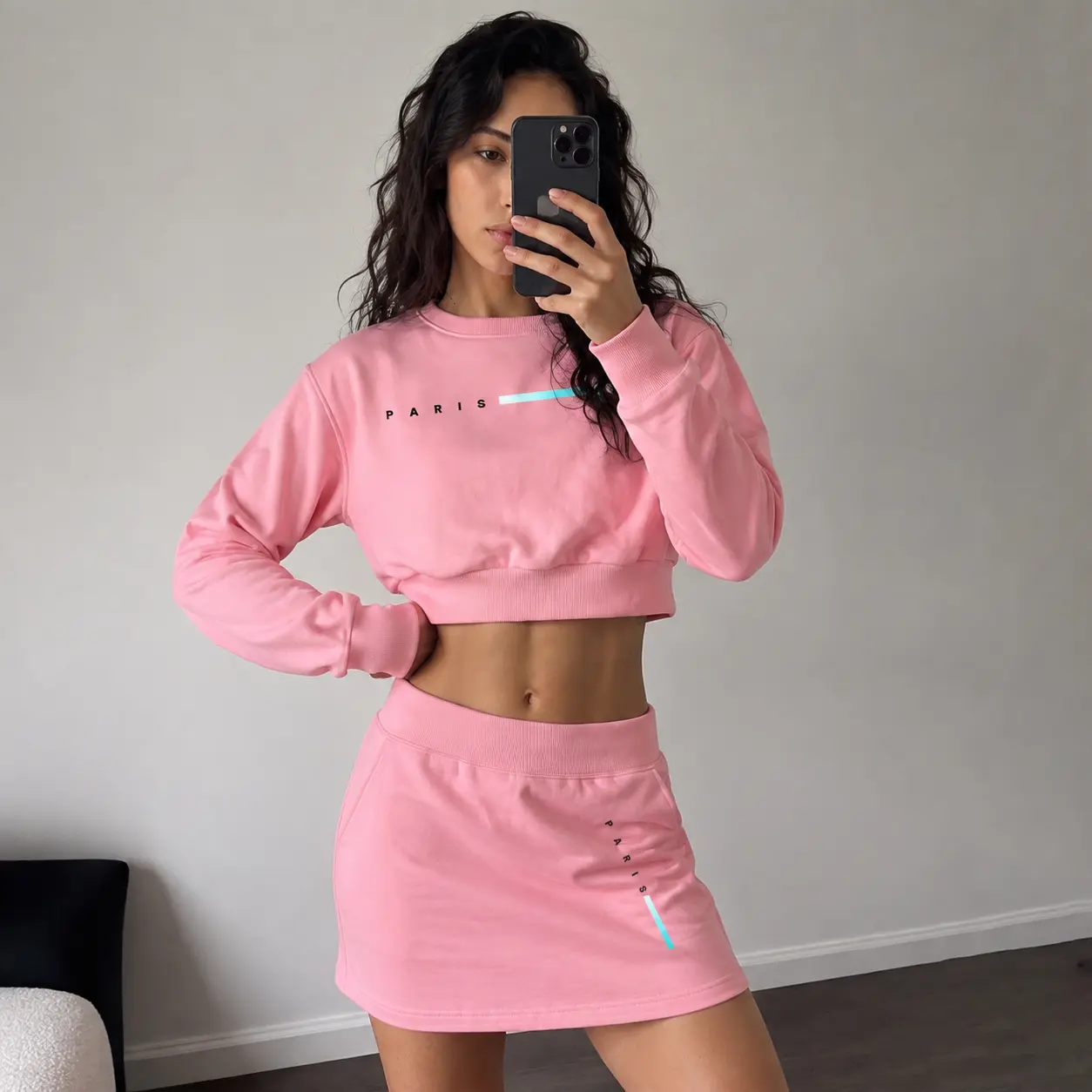 Women's 2 Piece Skirt Set, Cropped Sweatshirt and Mini Skirt Matching Outfit, Cute Casual Streetwear Set Unique Paris print, Soft Comfortable Fabric, Trendy Fall Fashion Outfit for Daily Wear, Travel, Shopping and Weekend Looks