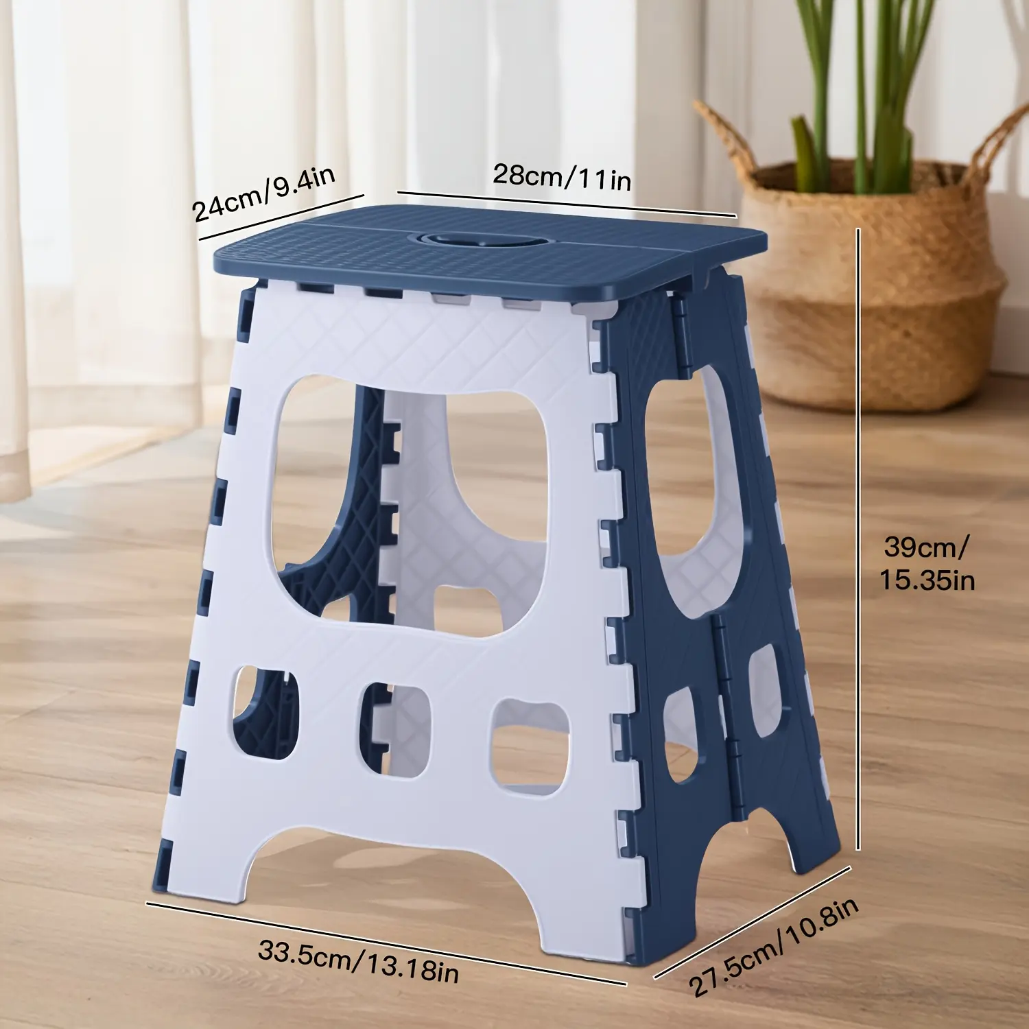 15-inch folding step stool, lightweight and portable, supports up to 330 lbs (150 kg), non-slip and durable, one-button flip open, suitable for kitchen, bathroom, bedroom, and more