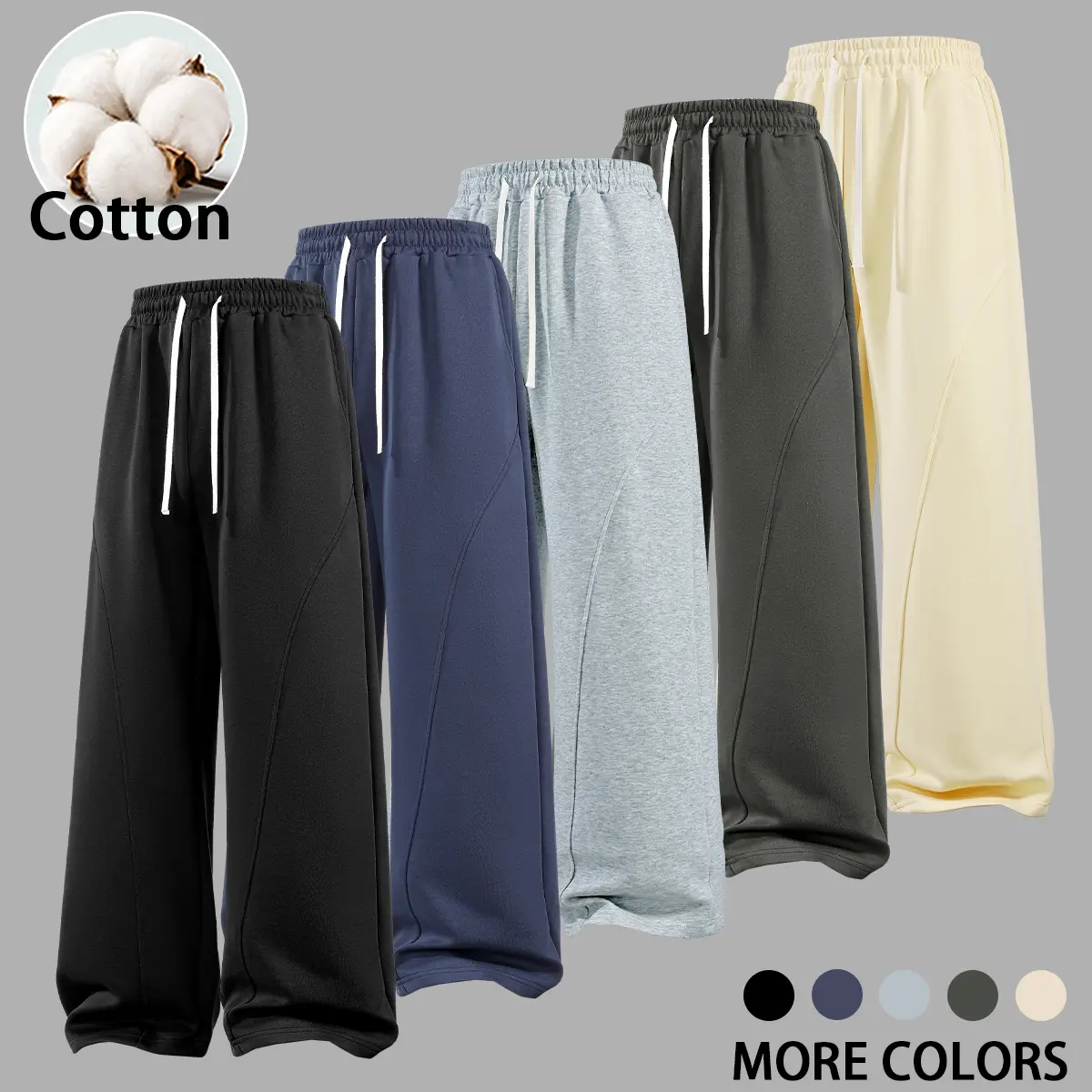 Men's Pure Cotton Wide Leg Sweatpants - Elastic Waist, Curved Panel Seam, Dual White Drawstring, Soft Breathable Quiet Luxury Trousers for Mature Gentlemen, All Seasons Urban Daily Streetwear, Multi Neutral Colors Available