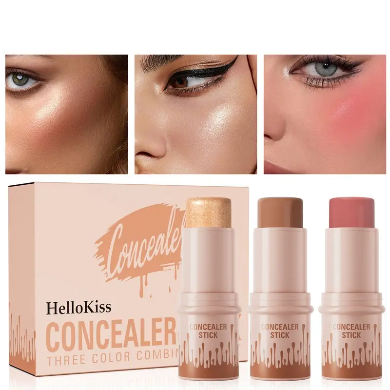 Long Lasting Waterproof Highlighter & Blush & Contour Stick Set, 3 Counts/set Non-greasy Stick, Easy To Sculpt The Face and Create A Lightweight Finishing Makeup, Beauty Cosmetics