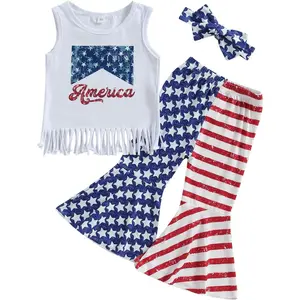 Toddler Baby Girl Easter Outfit Bunny Rabbit Short Sleeve T-Shirt Tops Bell-Bottom Flared Pants Sets Clothes.
