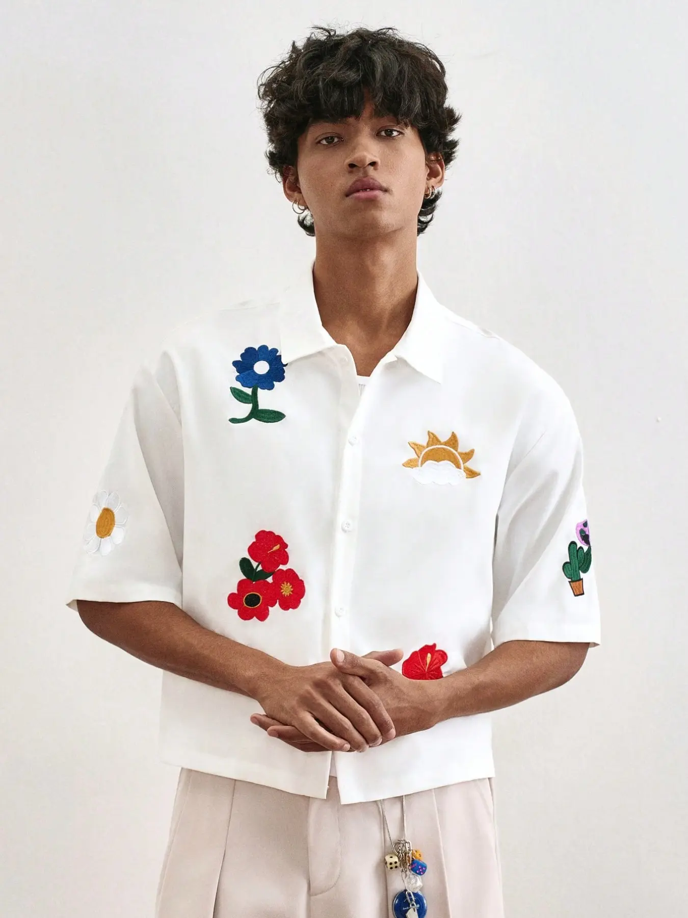 Vintage Garden Embroidered Short Sleeve Shirt, Cactus Sun Patch Design, Loose Fit Top, Casual Summer Fashion, Women's Clothing