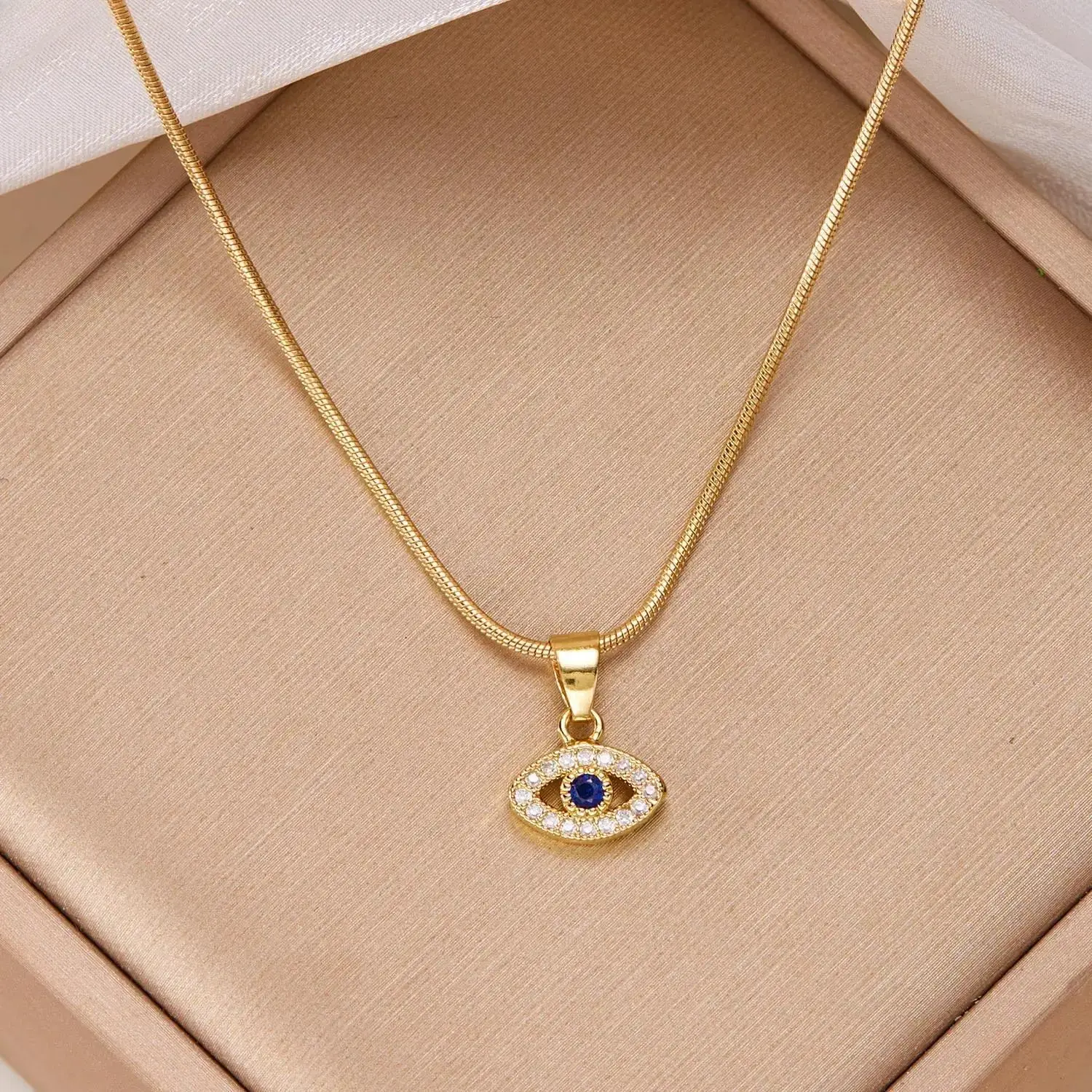 Evil Eye Choker Necklace for Women, 14K Gold Plated Snake Chain, Cubic Zirconia Nazar Protection Iced Out Pendant Jewelry