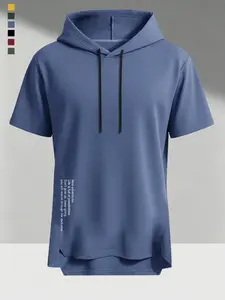 Men's Casual Short Sleeve Hooded T-Shirt, Soft Breathable Fabric, Letter Print, Fitted H-Type, Ideal for Sports & Daily Wear