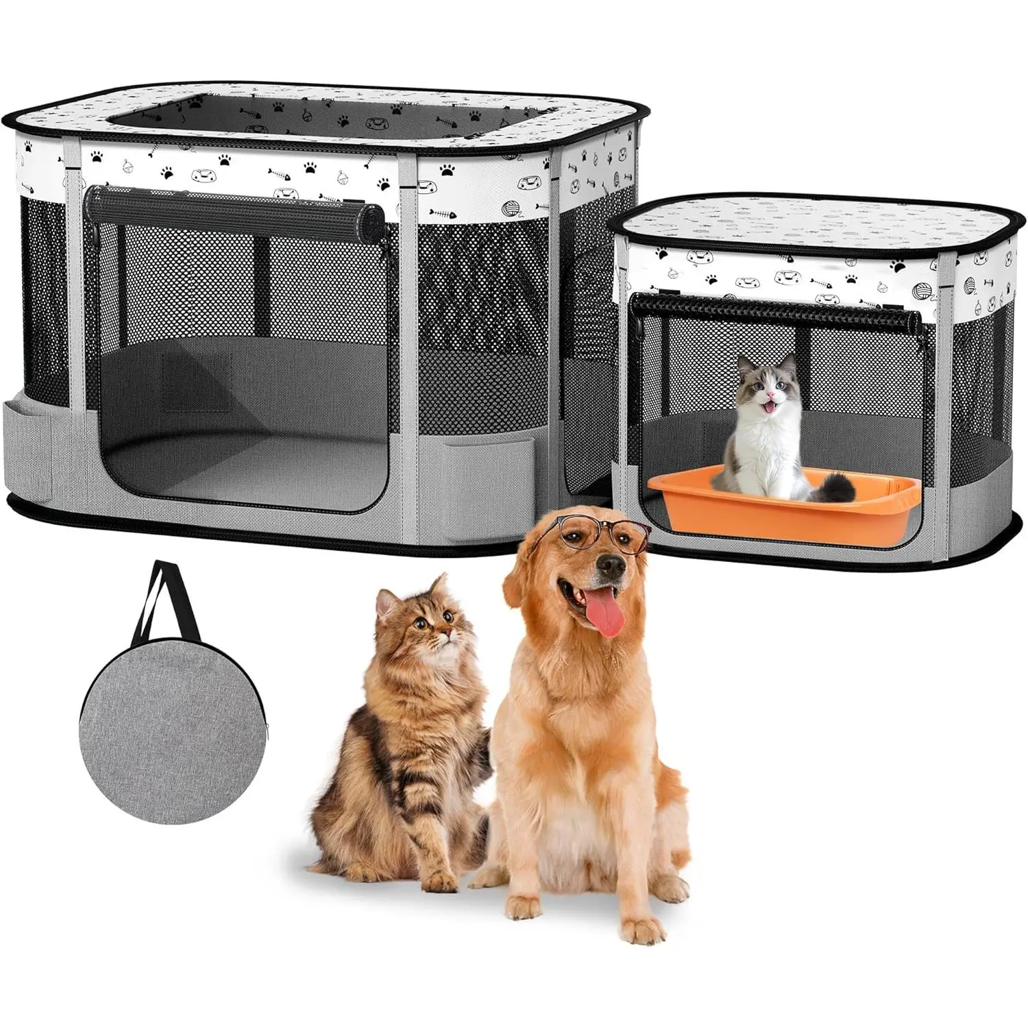 Portable Cat Playpen, Foldable Pet Dog Playpen, for Kitten Puppy Play Pen Indoor/Outdoor, Cats Enclosure Cages Tent with Carrying Case, 600D Oxford 8-Rods, 32"x24"x22", Grey