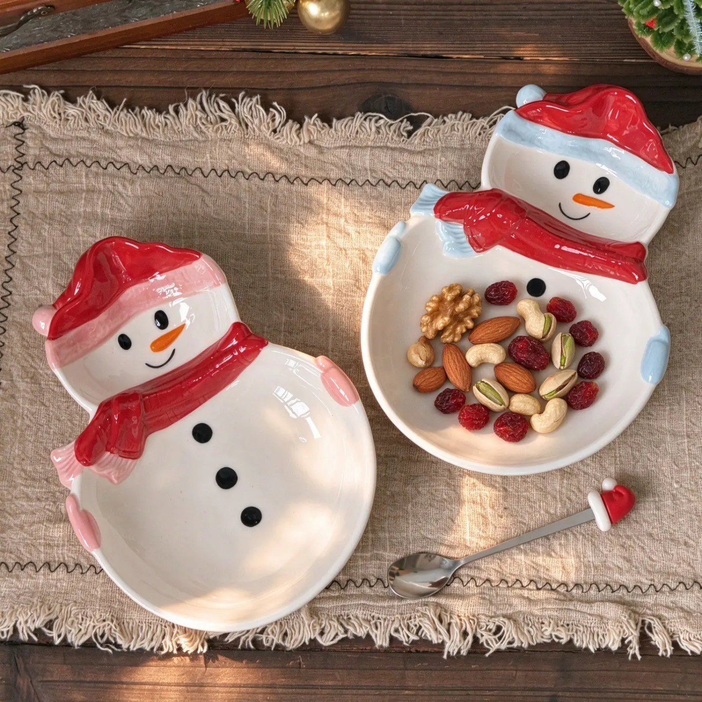 Hand Painted 3D Snowman Shaped Ceramic Serving Platter, Lead Free Food Grade Dishwasher Safe Festive Bowl, for Appetizers, Holiday Treats and Christmas Cookies, Winter Holiday Tabletop Accent, Stocking Stuffer, Hostess and Family Christmas Gift